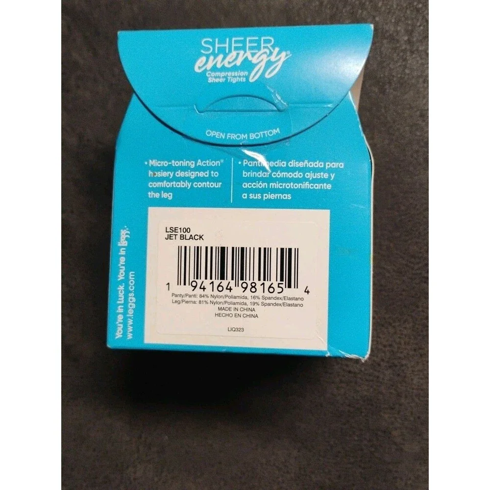 L'eggs XL Sheer Energy Q+ Jet Black Control Top Compression Sheer Tights
